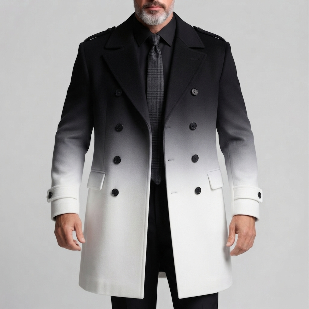 para hombre Black And White Gradient Double Breasted Notch Lapel Woolen Trench Coat