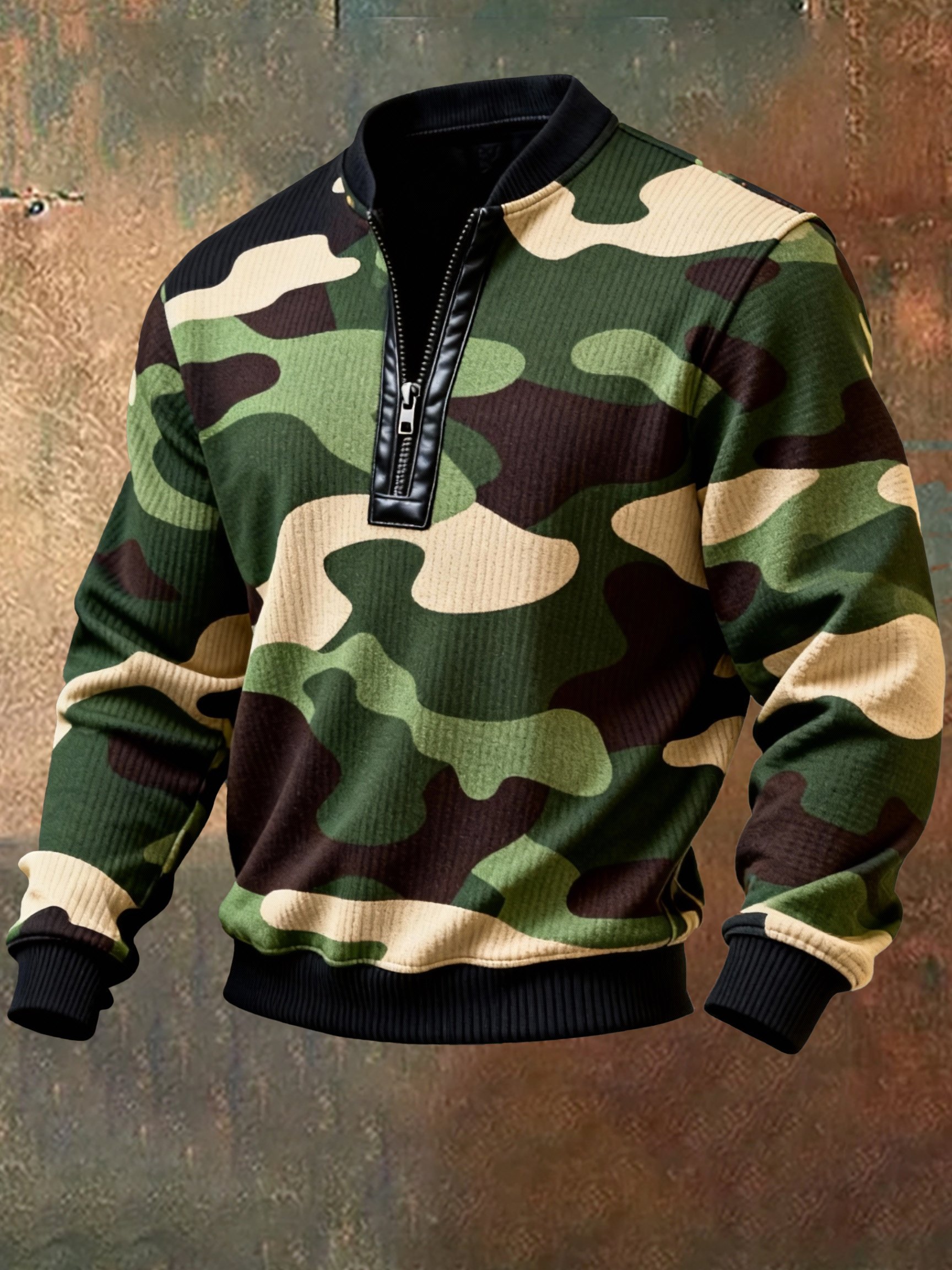 Sudadera casual retro Contrast Color Half Zip Stand cuello de manga larga para hombre