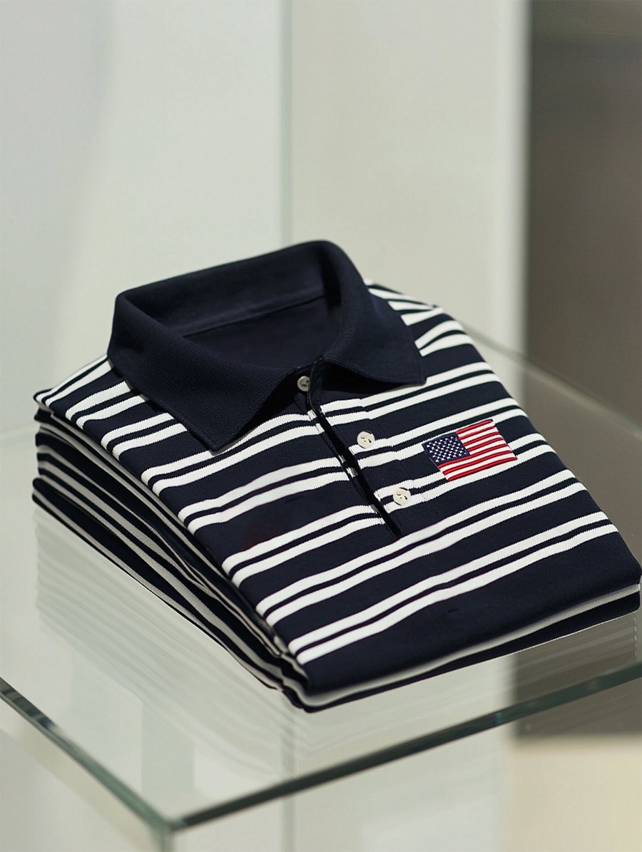 Camisa polo ejecutivo casual Independence Day a rayas Button de manga corta para hombre