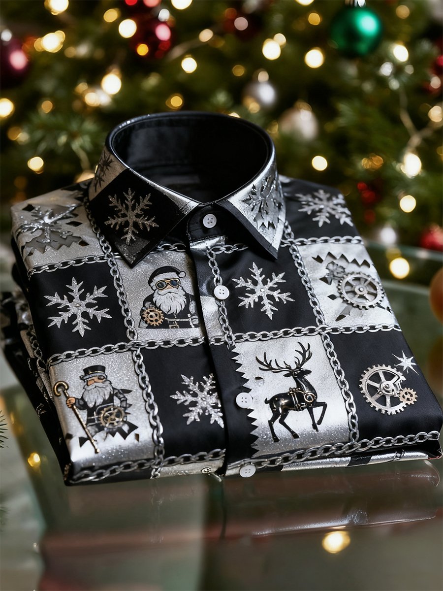 Camisa Christmas de manga larga con botones para hombre