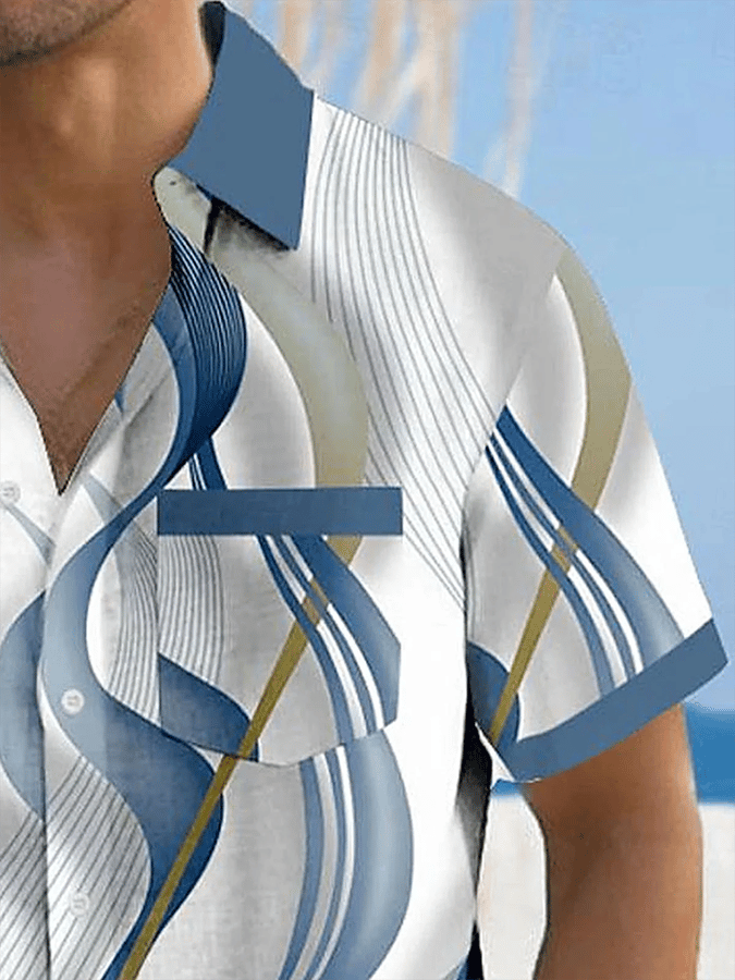 Camisa retro degradado geométrico Art estampado de manga corta bolsillos para hombre