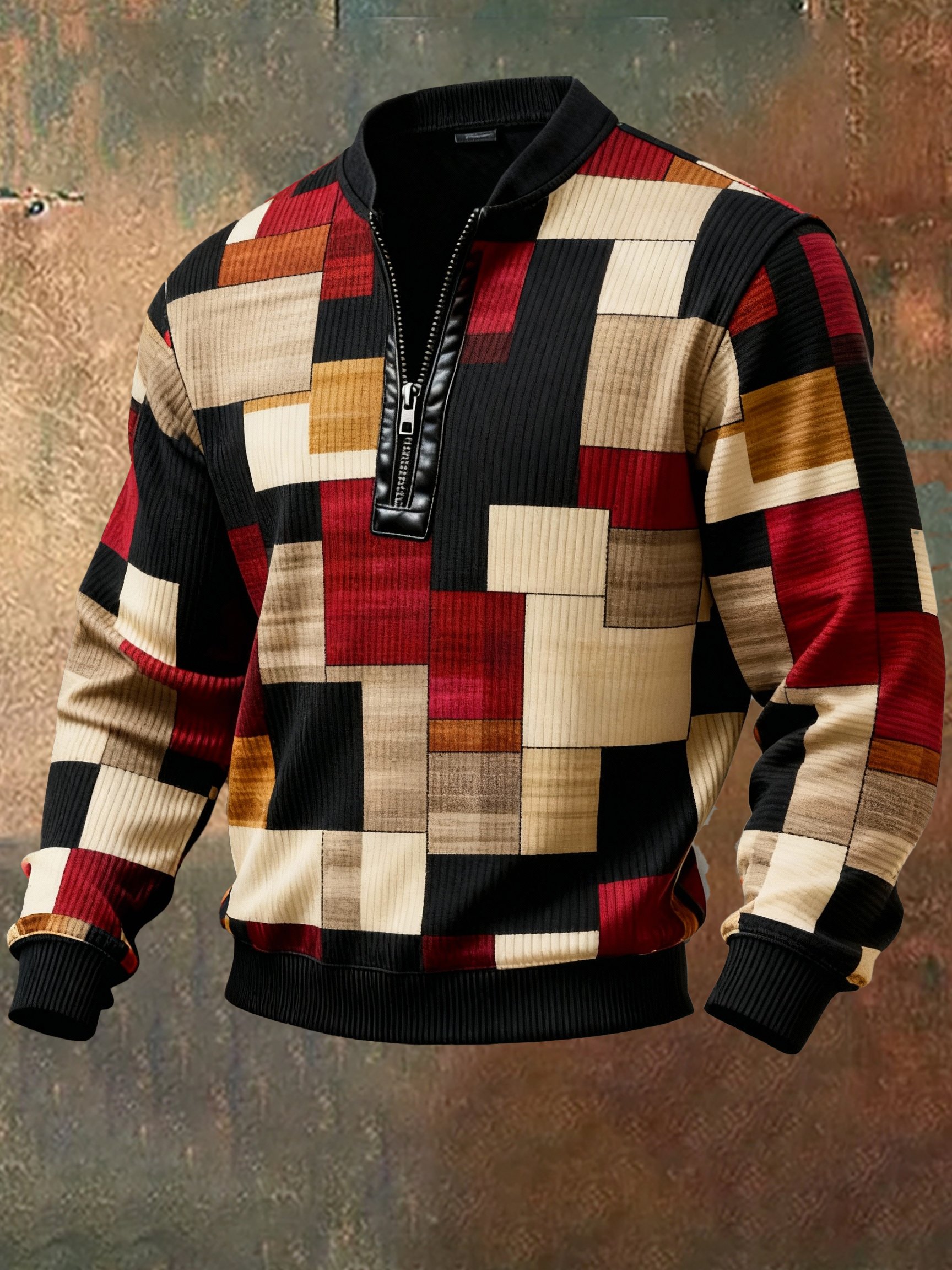 Sudadera casual retro Contrast Color Half Zip Stand cuello de manga larga para hombre