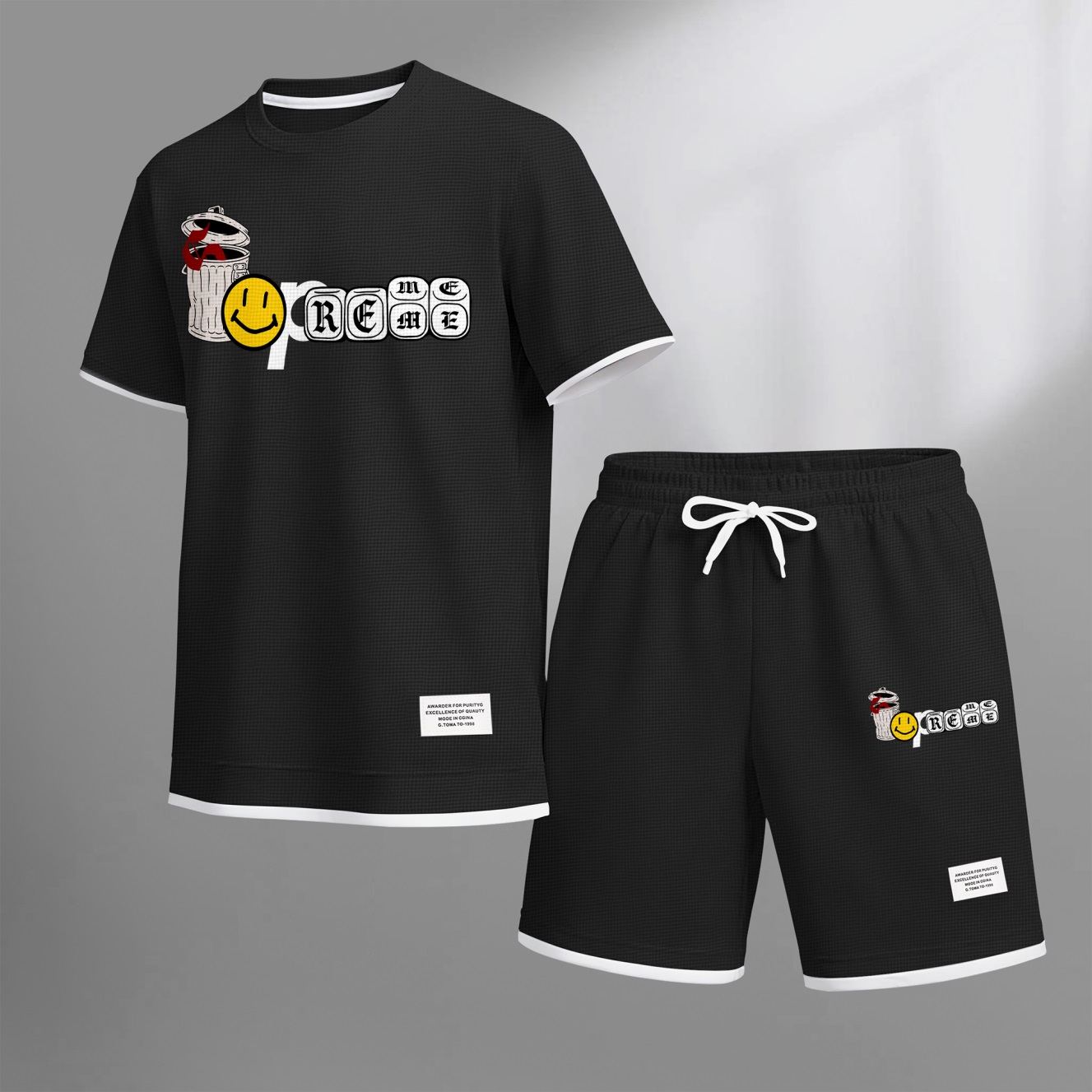 Camisa Graffiti Collage Design estampado Waffle Fabric de manga corta And shorts Set para hombre
