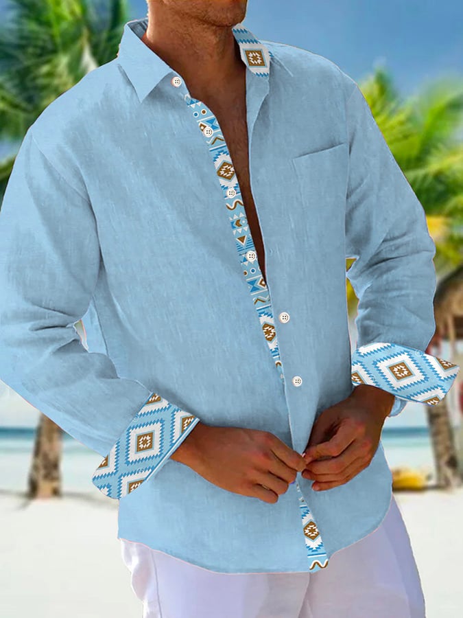 Camisa retro casual Western Geometric estampado de manga larga para hombre