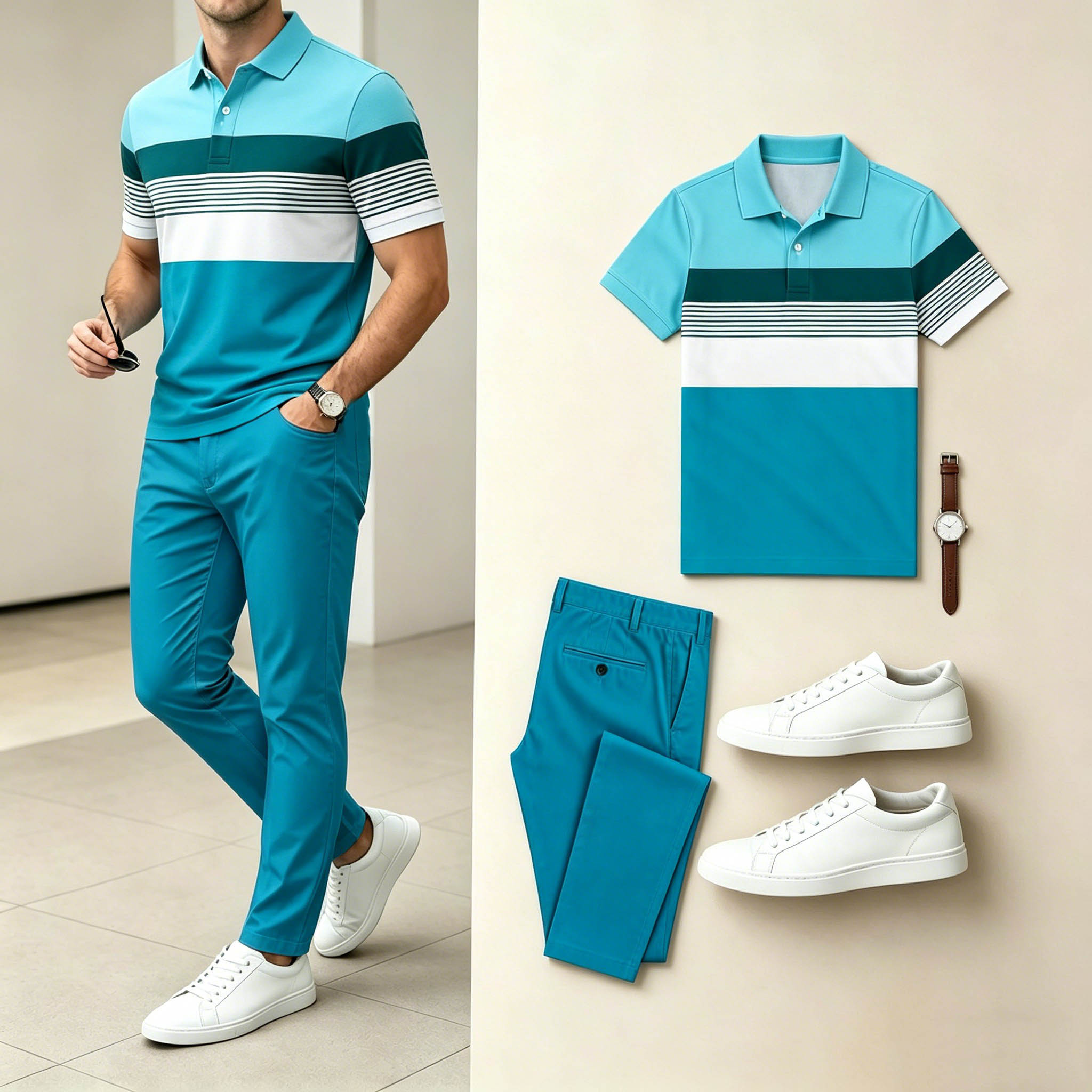 Conjunto de dos piezas casual Layered Wide Horizontal rayas en bloques de color camisa polo And pantalón para hombre