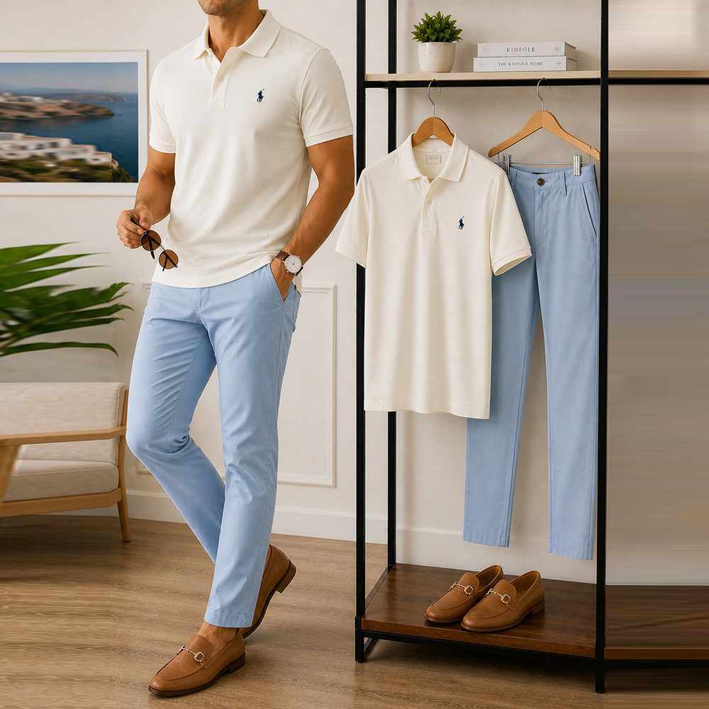 Conjunto de dos piezas casual Cream White Embroidered Logo camisa polo And Light Blue pantalón para hombre