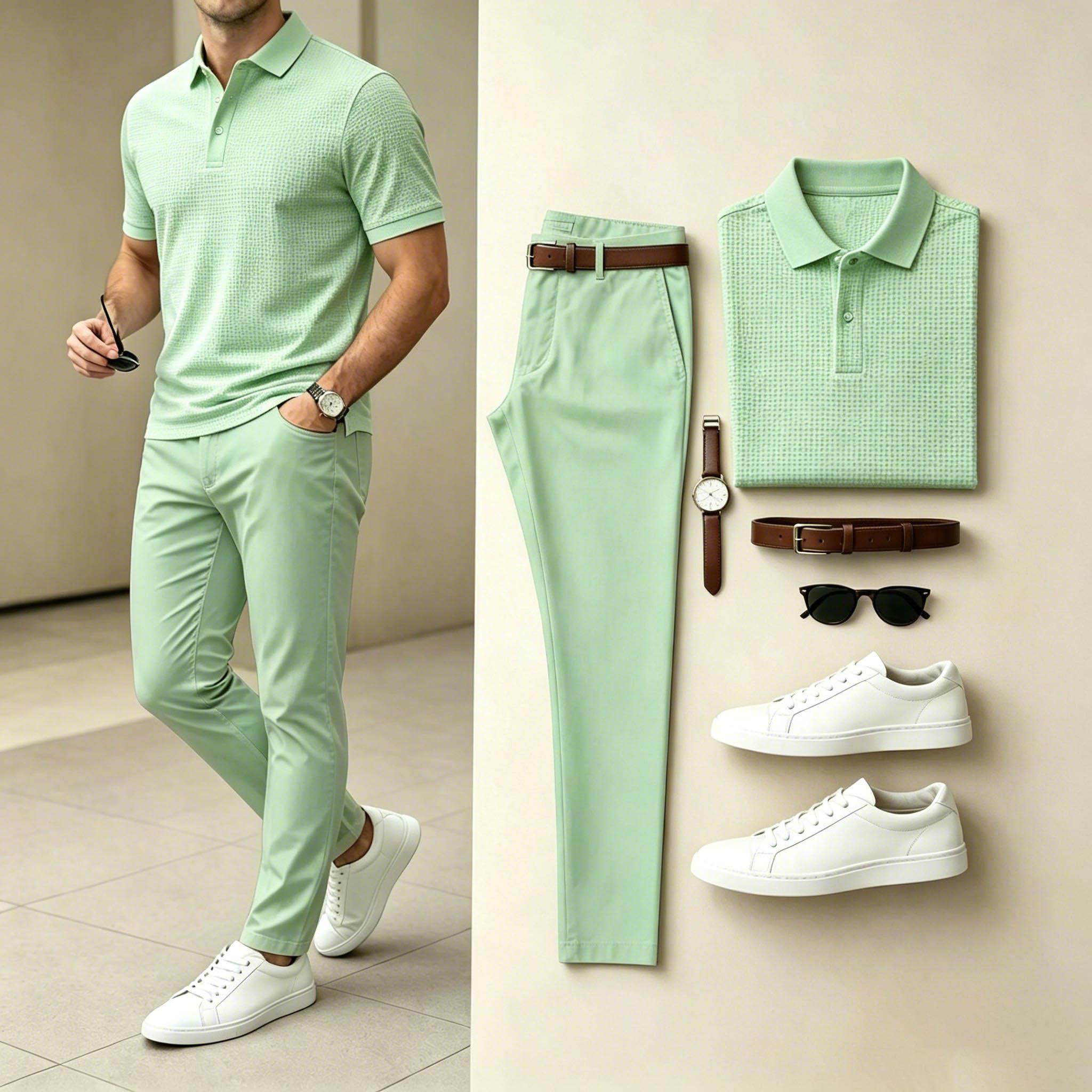 Conjunto de dos piezas casual Green Waffle Texture camisa polo & pantalón para hombre