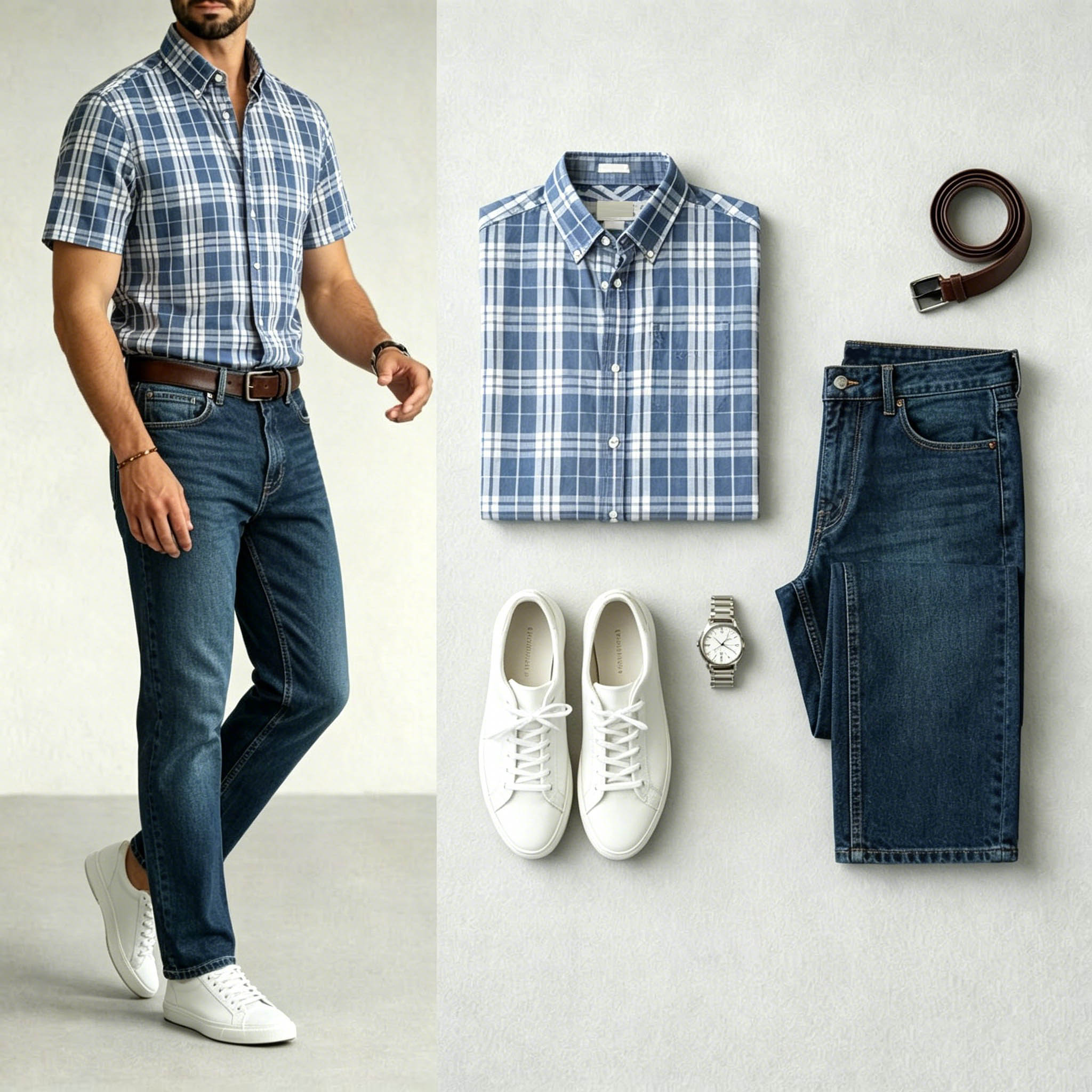 Conjunto de dos piezas Light Blue Color Matching retro Style a cuadros estampado Lapel Collar de manga cortas camisa & Jeans para hombre