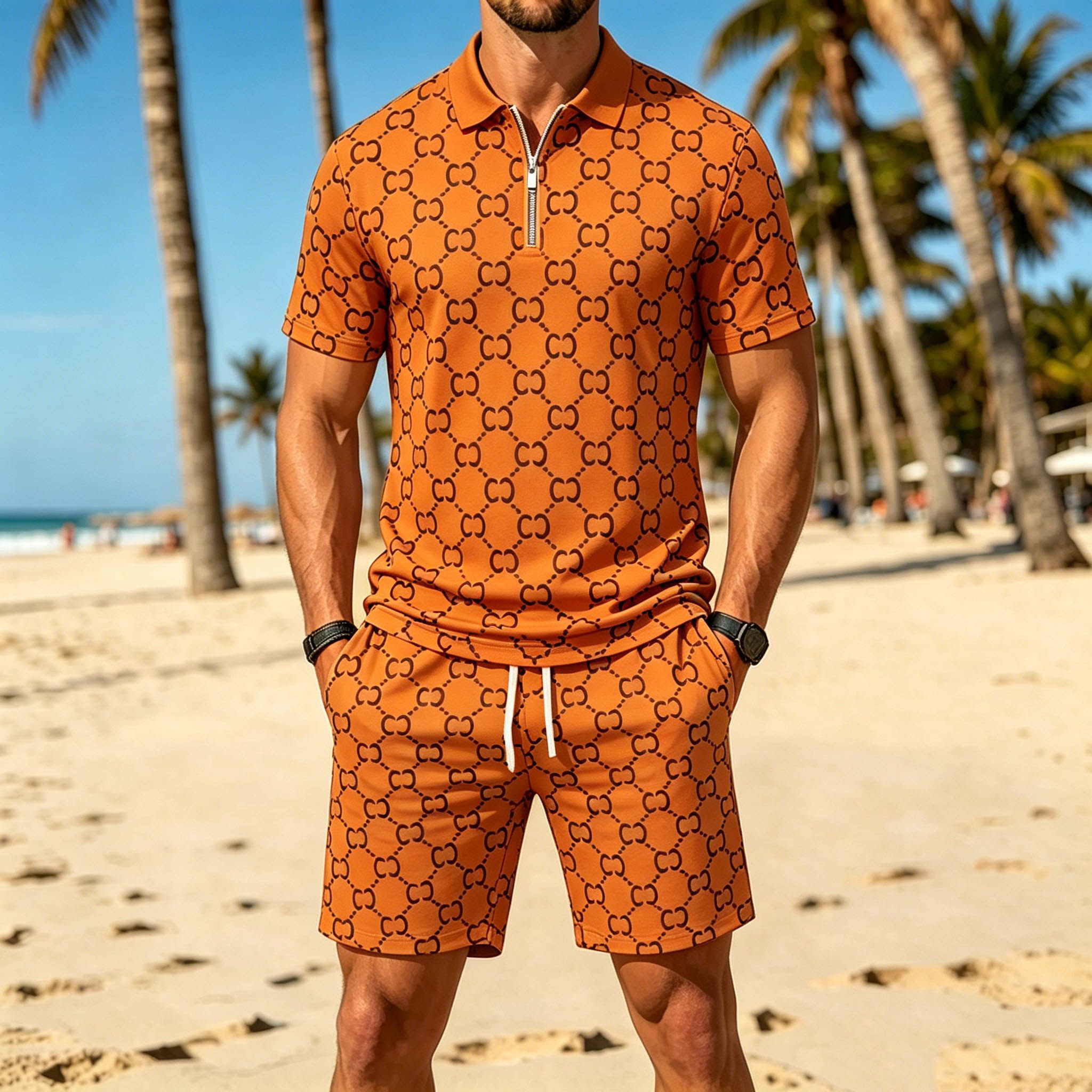 Conjunto de dos piezas casual Orange Color Matching estampado de manga corta Zipper camisa polo & shorts para hombre