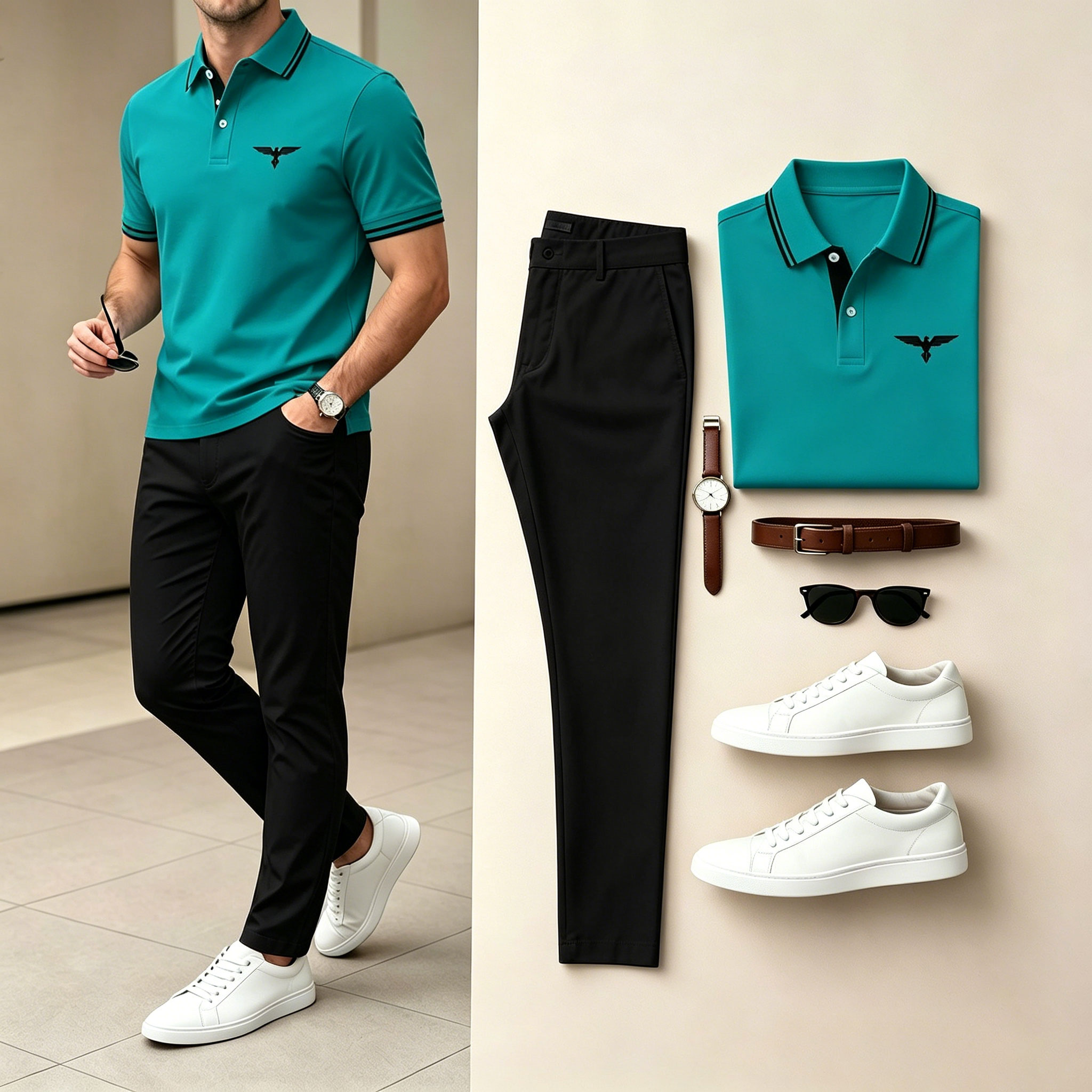 Conjunto de dos piezas Green & Black Color Matching Geometric estampado de manga cortas camisa polo & pantalón para hombre