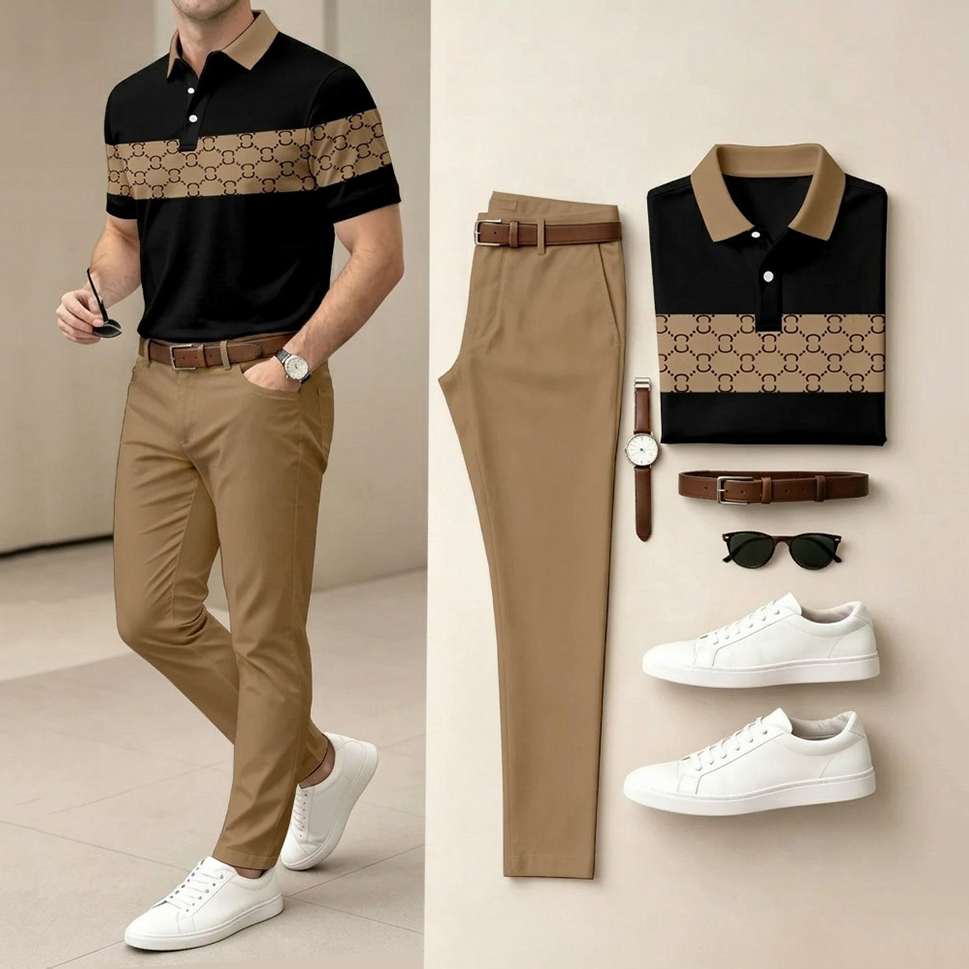 Conjunto de dos piezas casual Black & Brown a cuadros estampado camisa polo And pantalón para hombre
