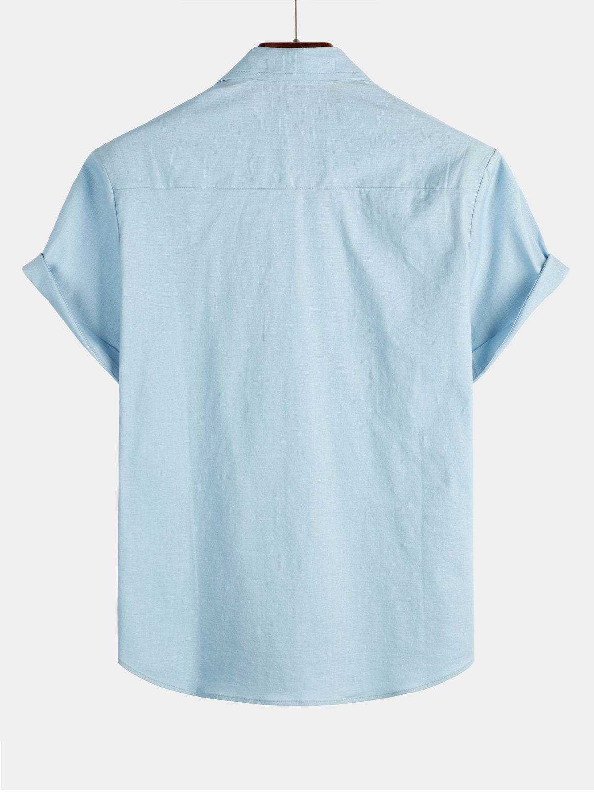 Camisa de color sólido de lino de algodón Pocket casual de manga corta para hombre