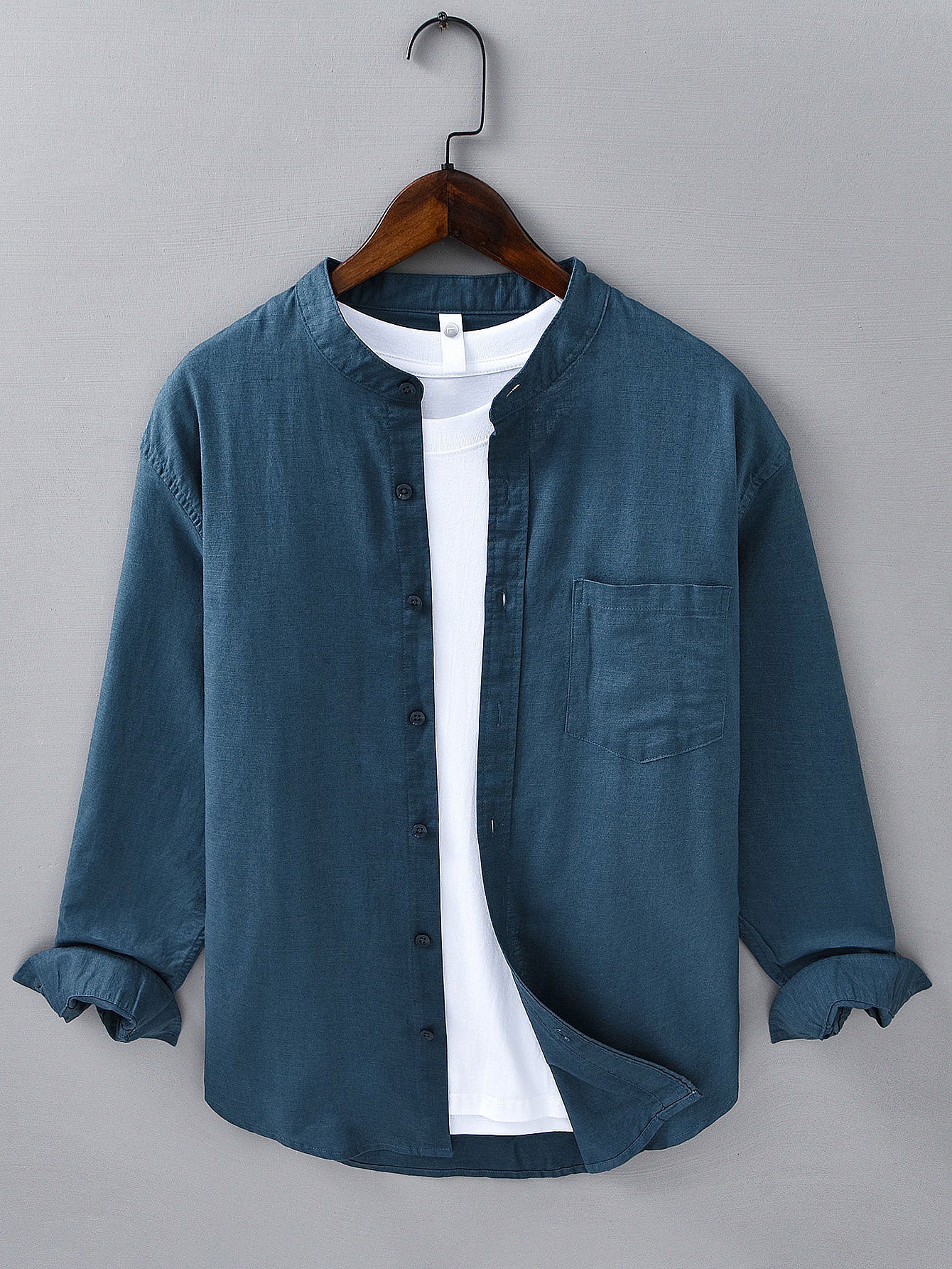 Camisa de manga larga de lino de algodón Stand Collar With Pocket