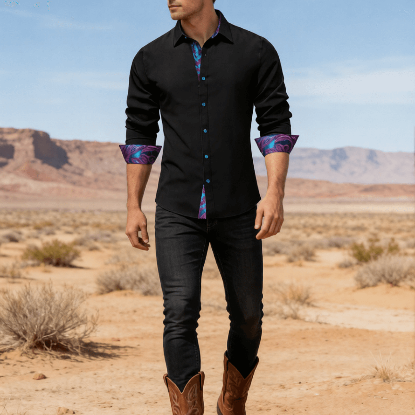 Camisa Black Splicing Mens seda de manga larga con botones ejecutivo camisa