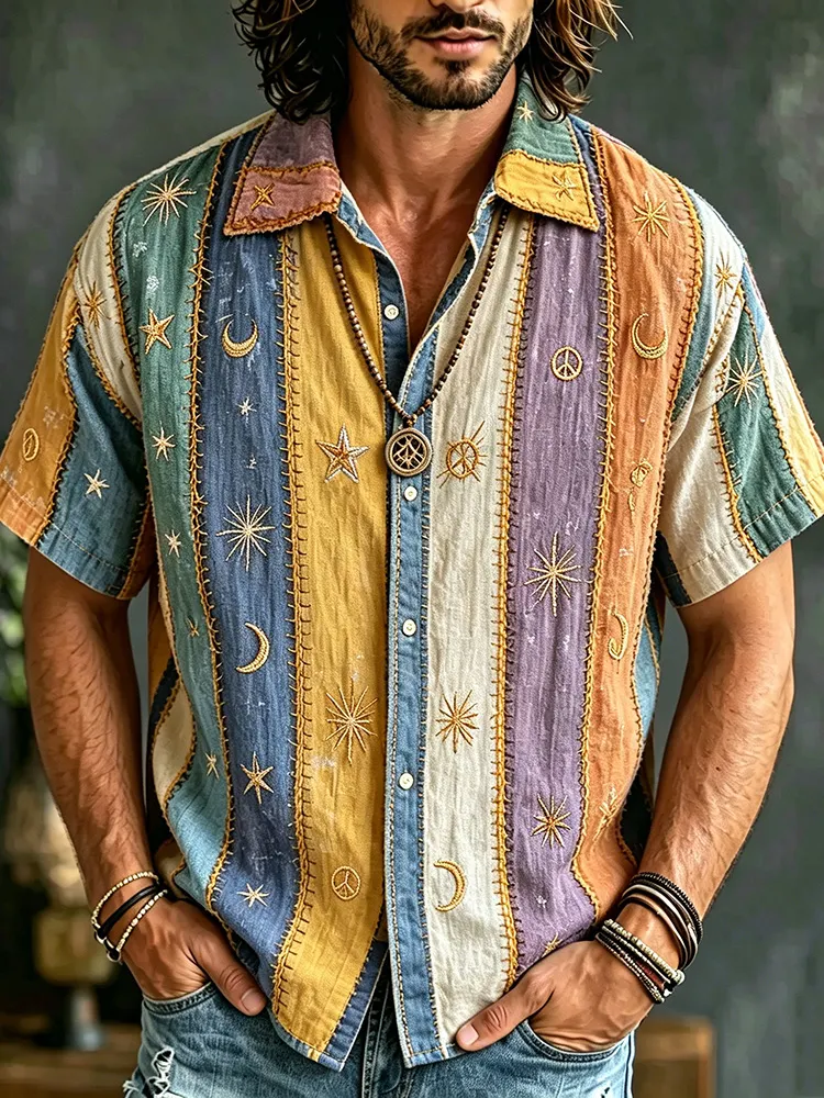 para hombre Rainbow a rayas Patchwork con botones camisa, 3d Embroidery Star Moon Peace Symbol Hippie Celestial de manga corta casual Western Top