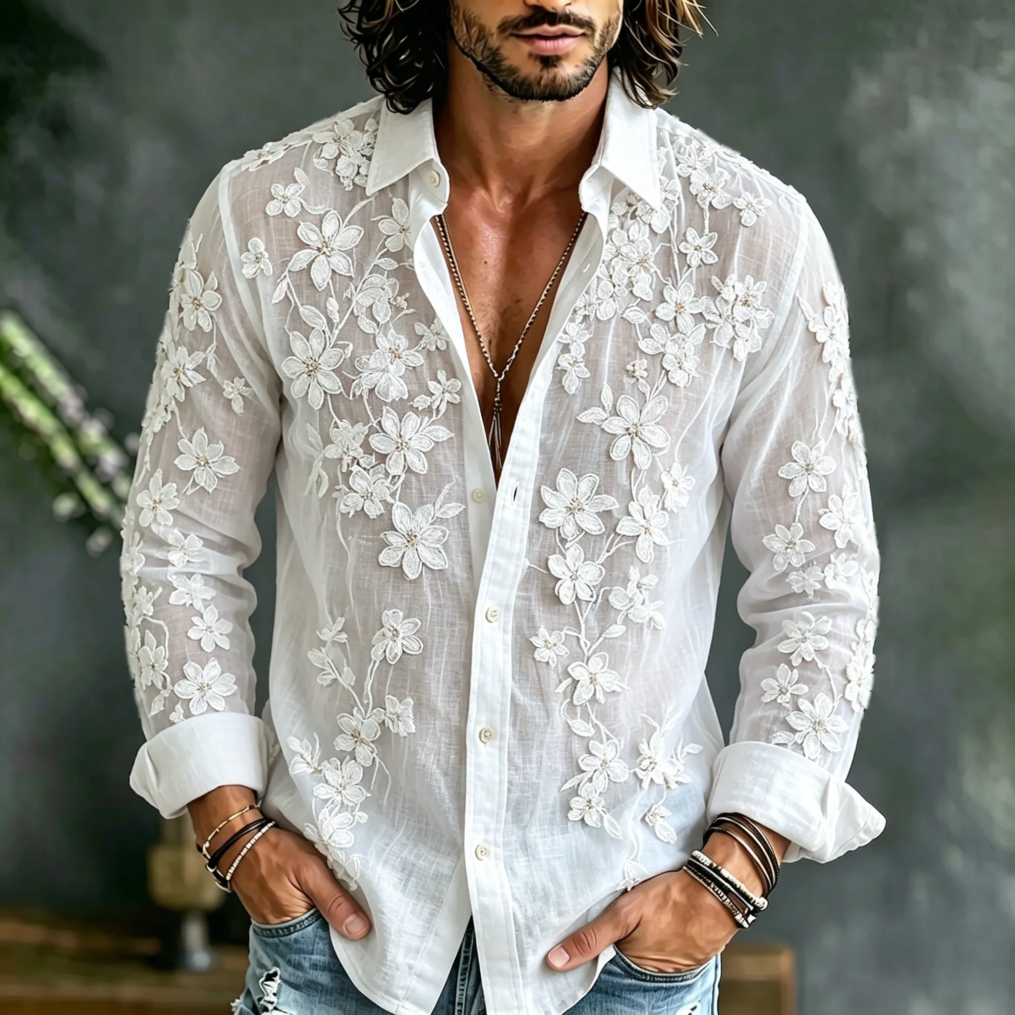para hombre vintage floral Embroidered Art de lino Blend de manga larga camisa