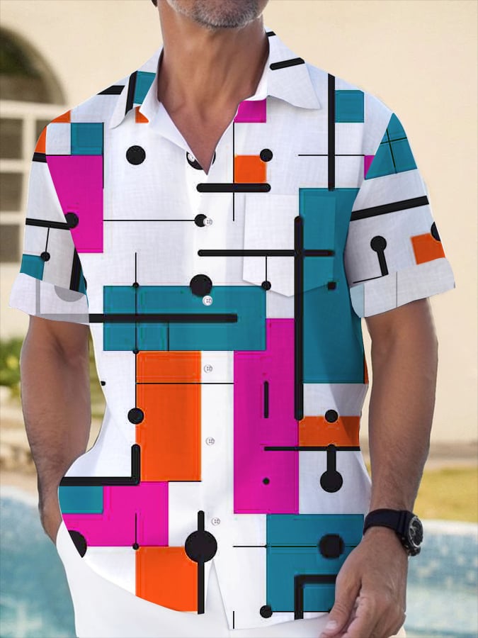 Camisa Geometric estampado de moda Lapel de manga corta