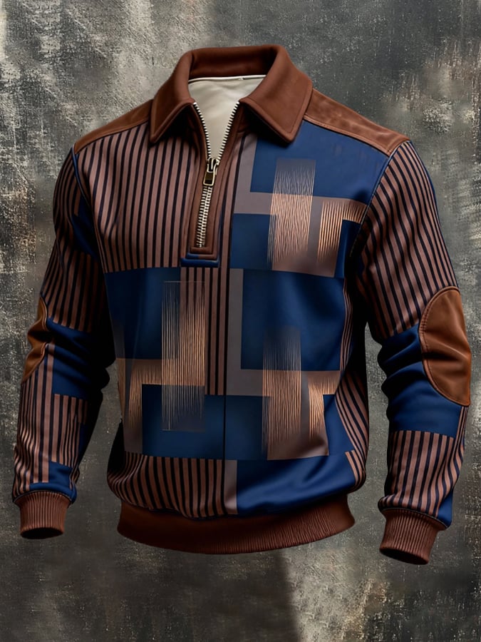 Sudadera retro en bloques de color estampado Color-Blocked con cierre para hombre
