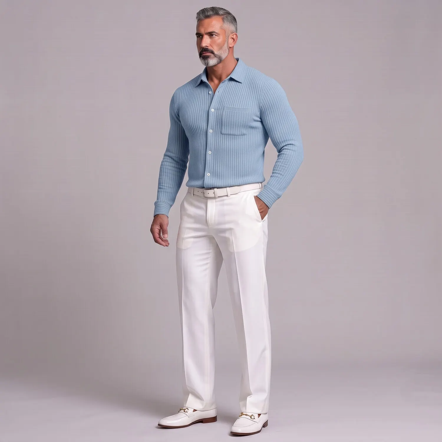 para hombre casual Ribbed tejido Single Breasted Chest Pocket de corte entallado de manga larga camisa