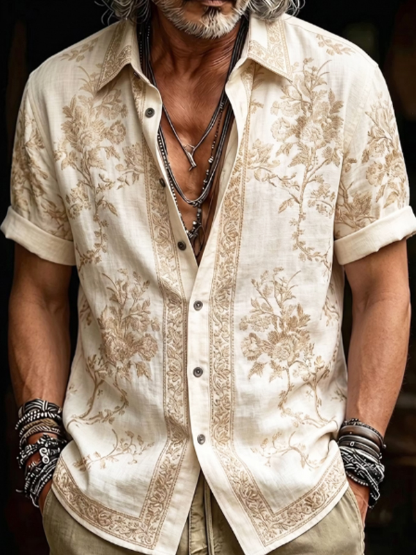 Camisa vintage-style Flowers estampado de manga corta para hombre