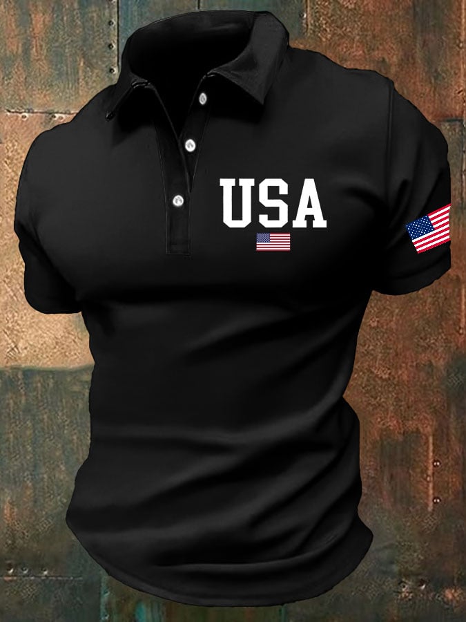 Camisa polo Independence Day Flag estampado casual para hombre