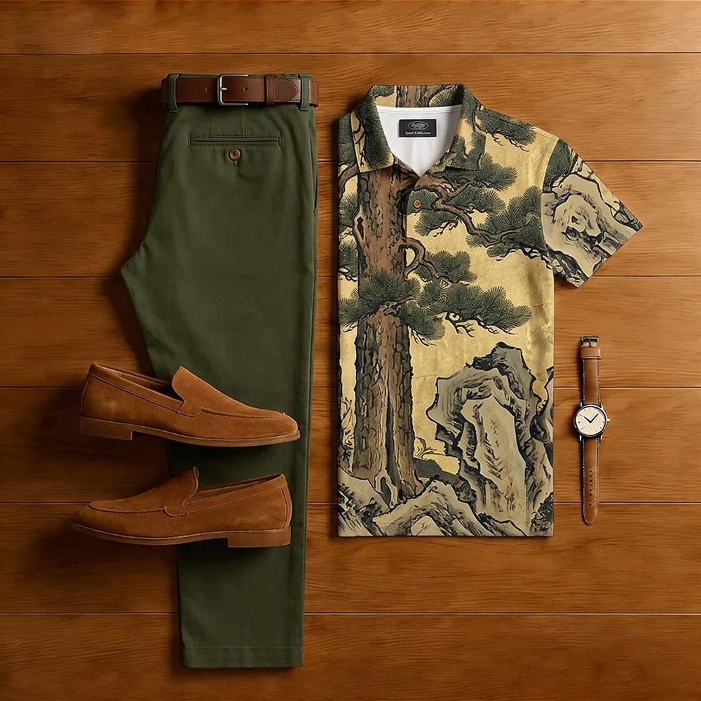 Conjunto de dos piezas casual Apricot-Colored Plants estampado de manga corta camisa polo And Trousers para hombre
