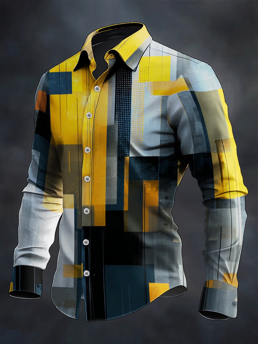 Camisa retro casual geométrico Art de manga larga para hombre