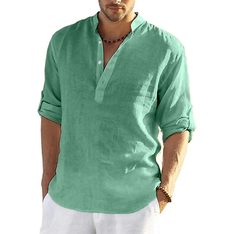 Camisa de lino camisa Band cuello camisa Popover camisa Summer camisa Beach Wear de color sólido hawaiano Holiday Black White Yellow Pink de manga larga Henley Summer Spring Clothing Apparel con botones para hombre - vista 15