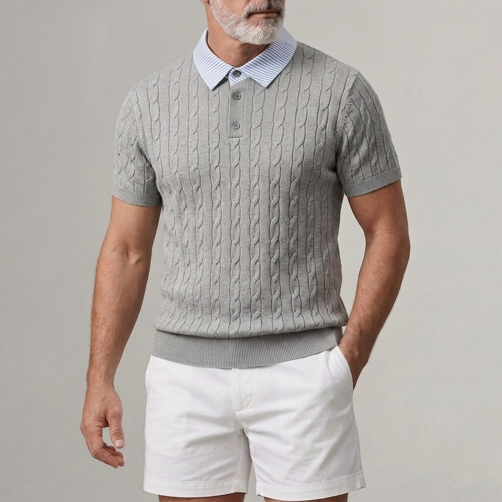 Camisa polo Cable tejidoted a rayas Turndown Collar de manga corta 2 in 1 para hombre