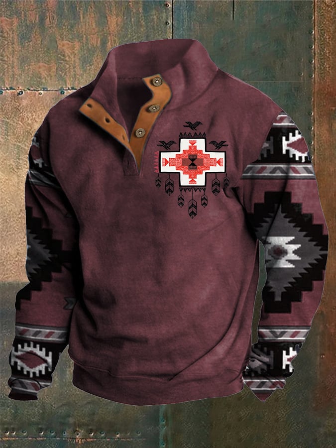 Sudadera Western Style estampado Stand cuello Button para hombre