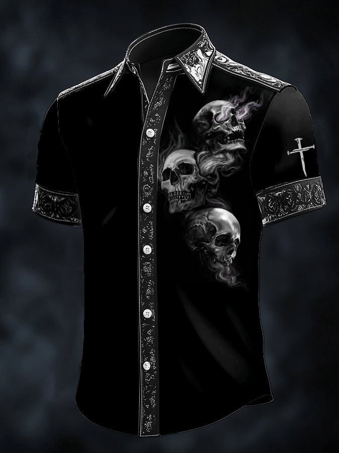 Camisa Dark Skull estampado satén de manga corta para hombre