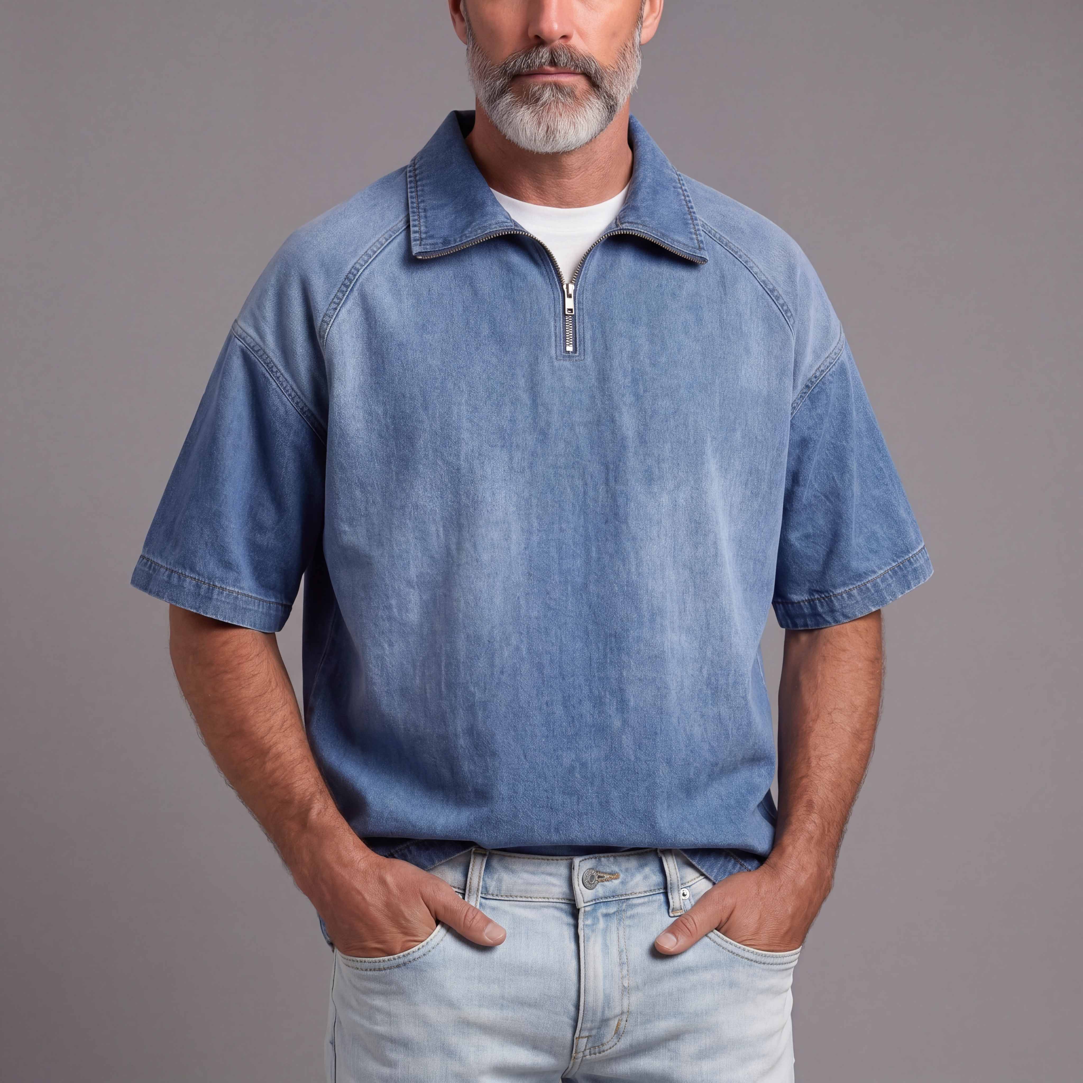 Camisa desgastado Denim de manga corta With Zipper Collar para hombre