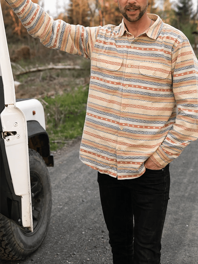 Camisa retro Western Ethnic Aztec en bloques de color para hombre