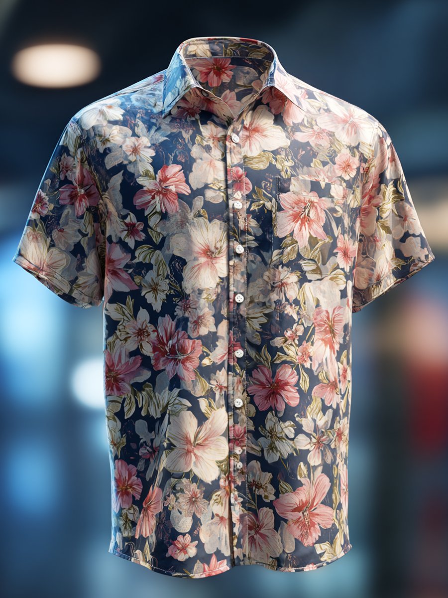 Camisa ejecutivo casual floral solapa de manga corta para hombre