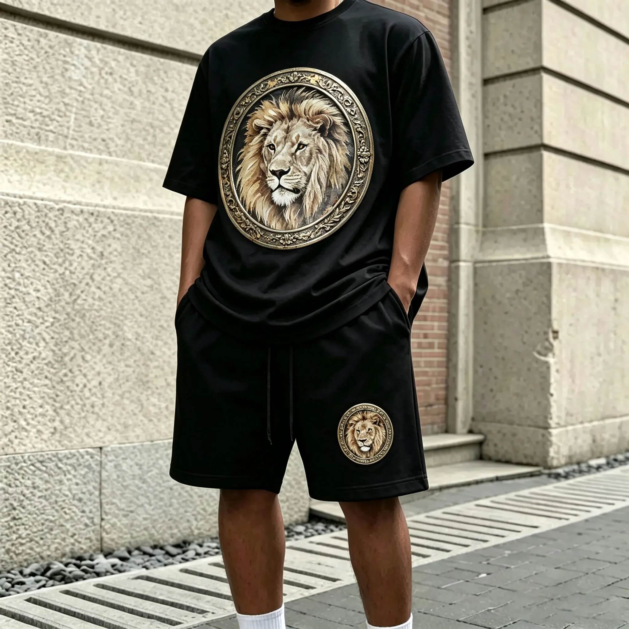 para hombre Black Crew-Neck de manga corta camiseta and shorts Set