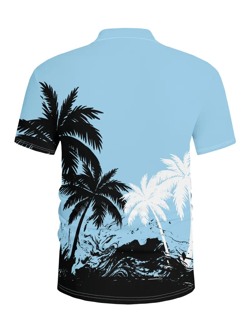Camisa polo hawaiano Coconut Tree estampado de manga corta con botones para hombre