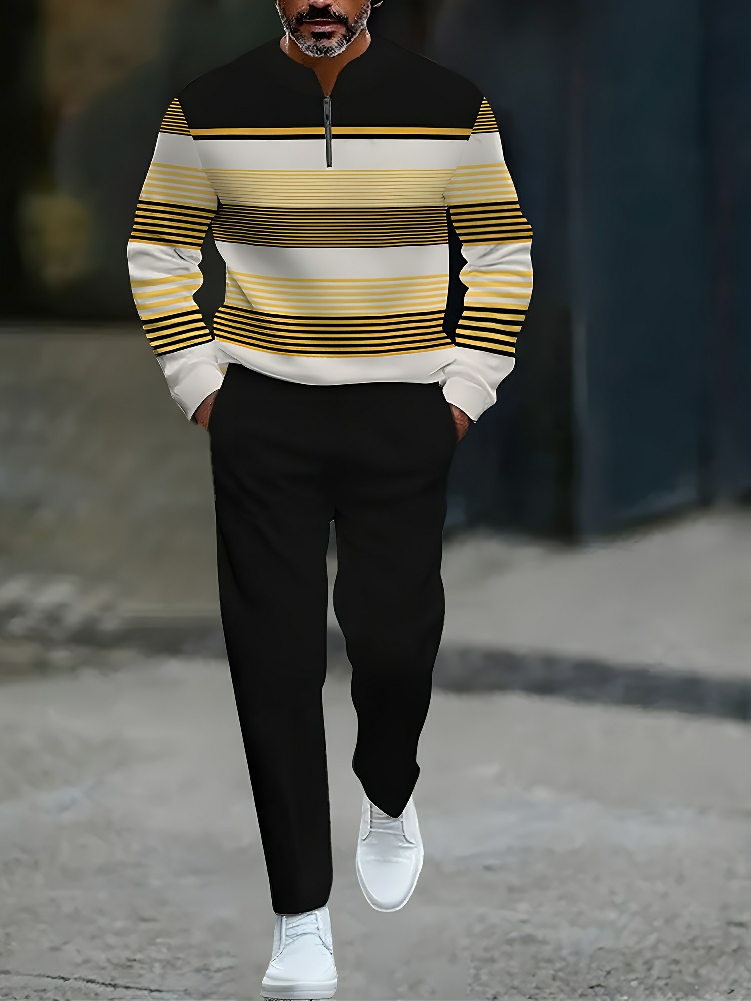 Conjunto de dos piezas casual Black & Yellow Color Matching a rayas estampado Round-Neck Zipper de manga larga Trousers para hombre