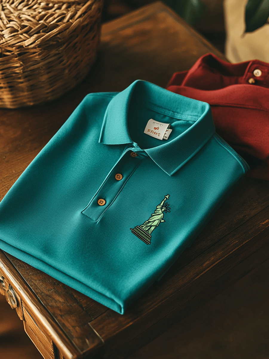 Camisa polo ejecutivo casual Independence Day Badge rayas con botones de manga corta para hombre