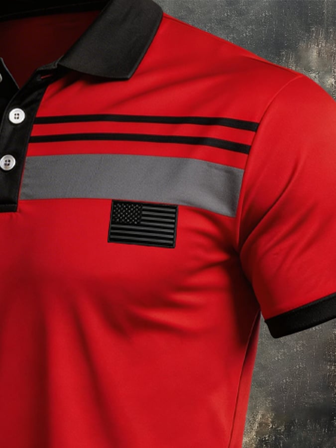 Retro Patriot en bloques de color Polo Collar de manga corta para hombre