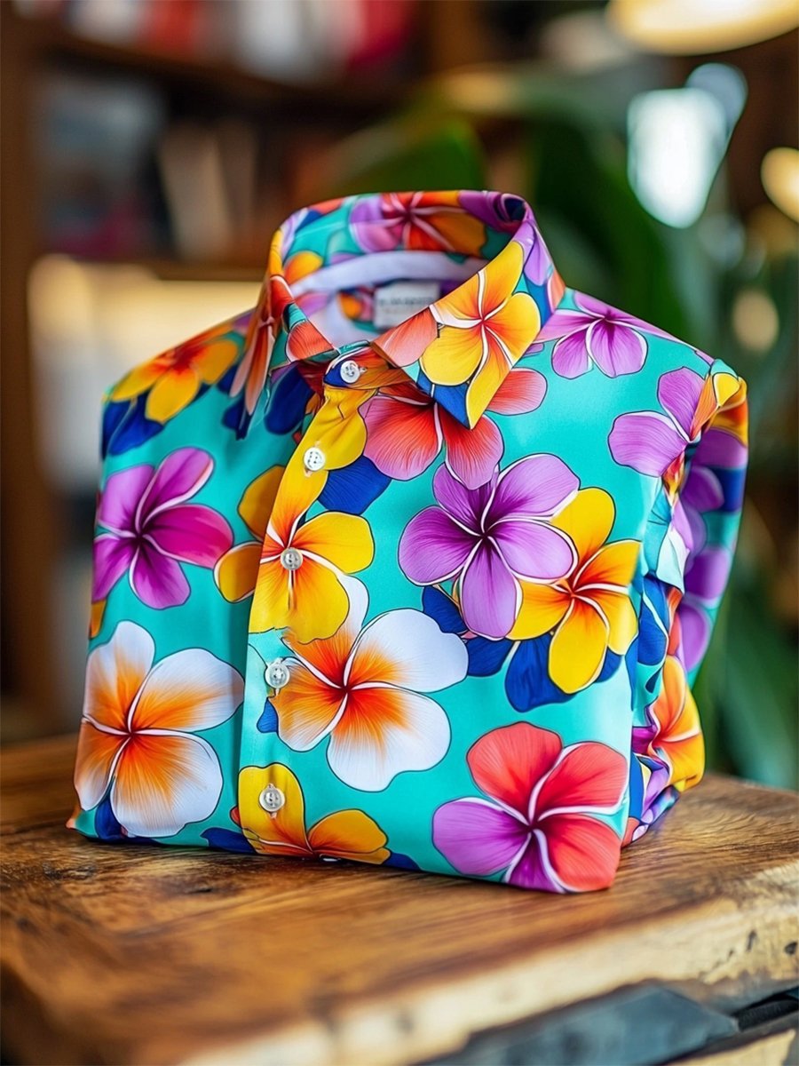 Camisa satén Luxe hawaiano estampado de manga corta Button para hombre