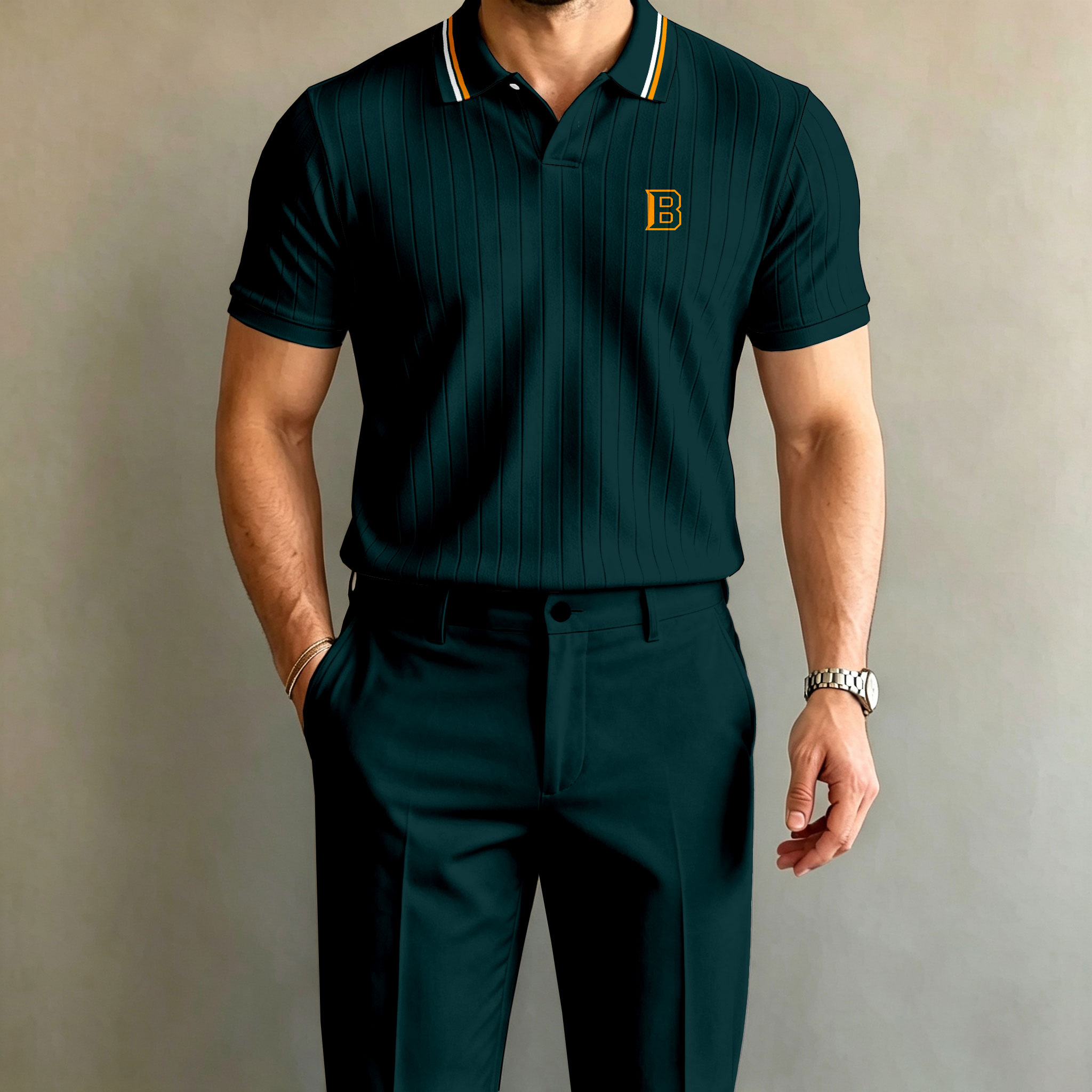 para hombre Dark Green de manga corta camisa polo and pantalón Set
