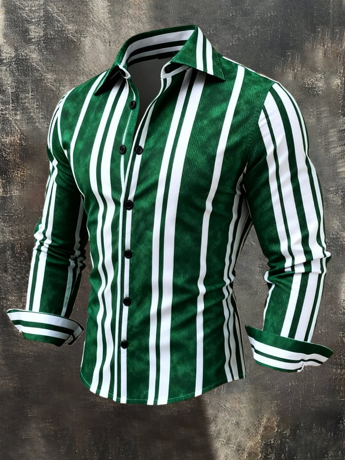 Camisa vintage Color-Block estampado de manga larga para hombre