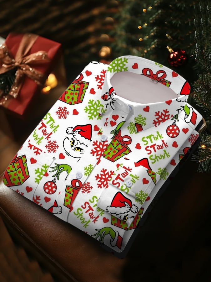 Camisa de lujo Christmas Contrast Color estampado de manga larga para hombre