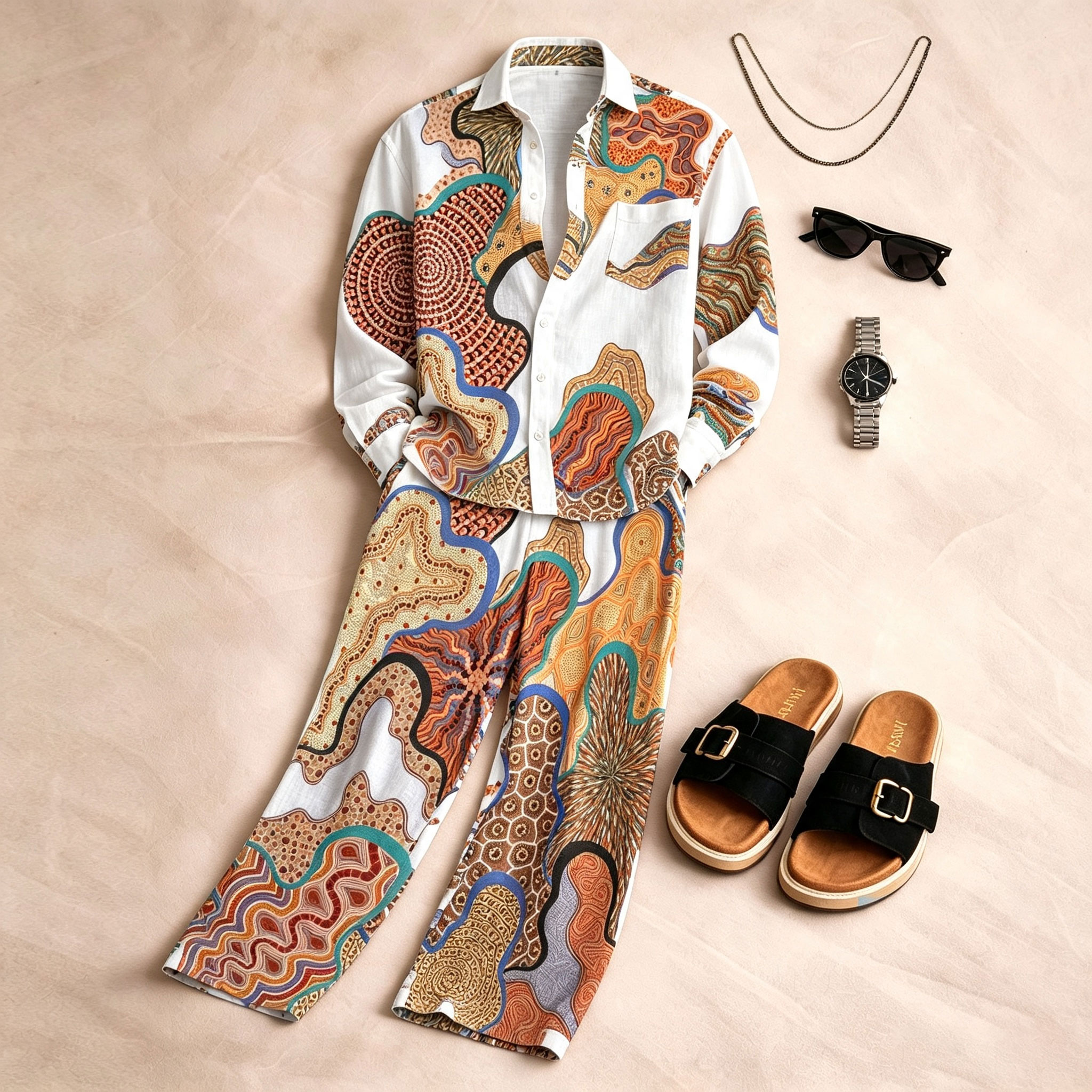para hombre Abstract Print de manga larga camisa and pantalón Set