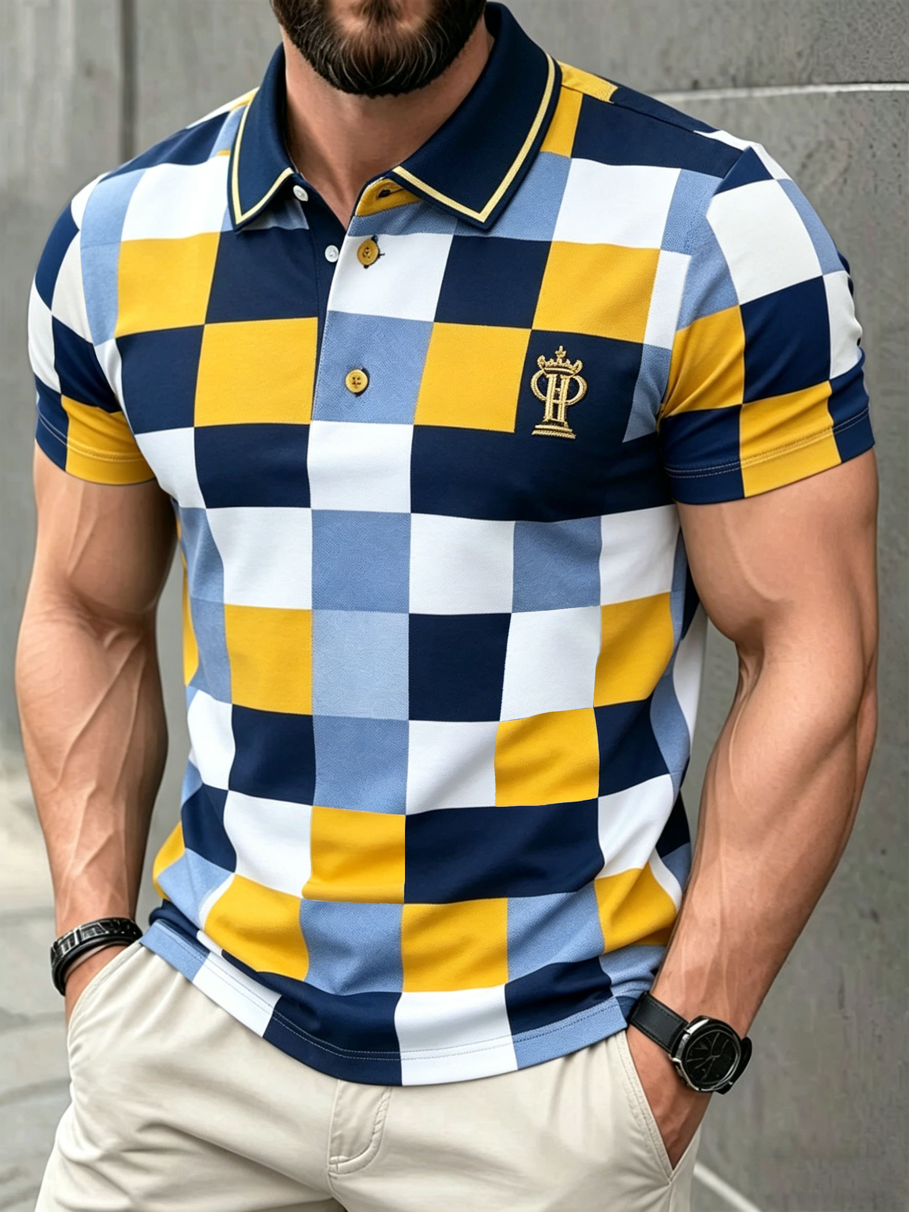 para hombre clásico ejecutivo Check Logo Button de manga corta camisa polo