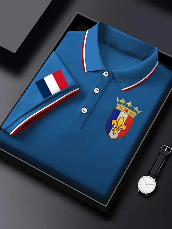 Camisa polo de manga corta French Badge estampado con botones para hombre