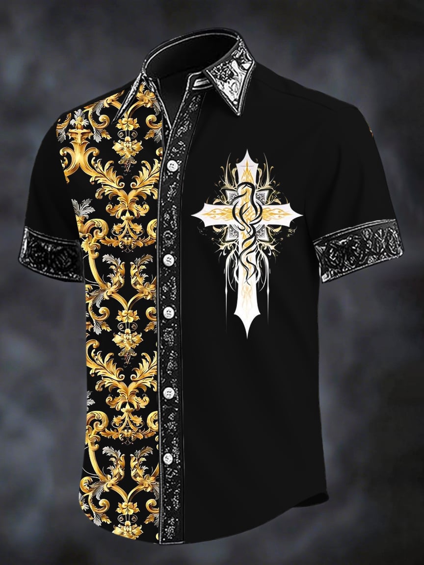 Camisa retro Dark Cross estampado de manga corta para hombre