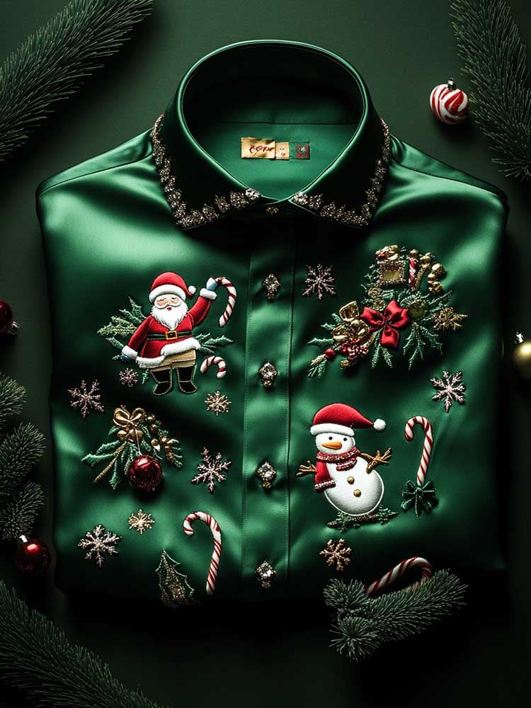 Camisa Christmas satén Luxe de manga larga con botones para hombre