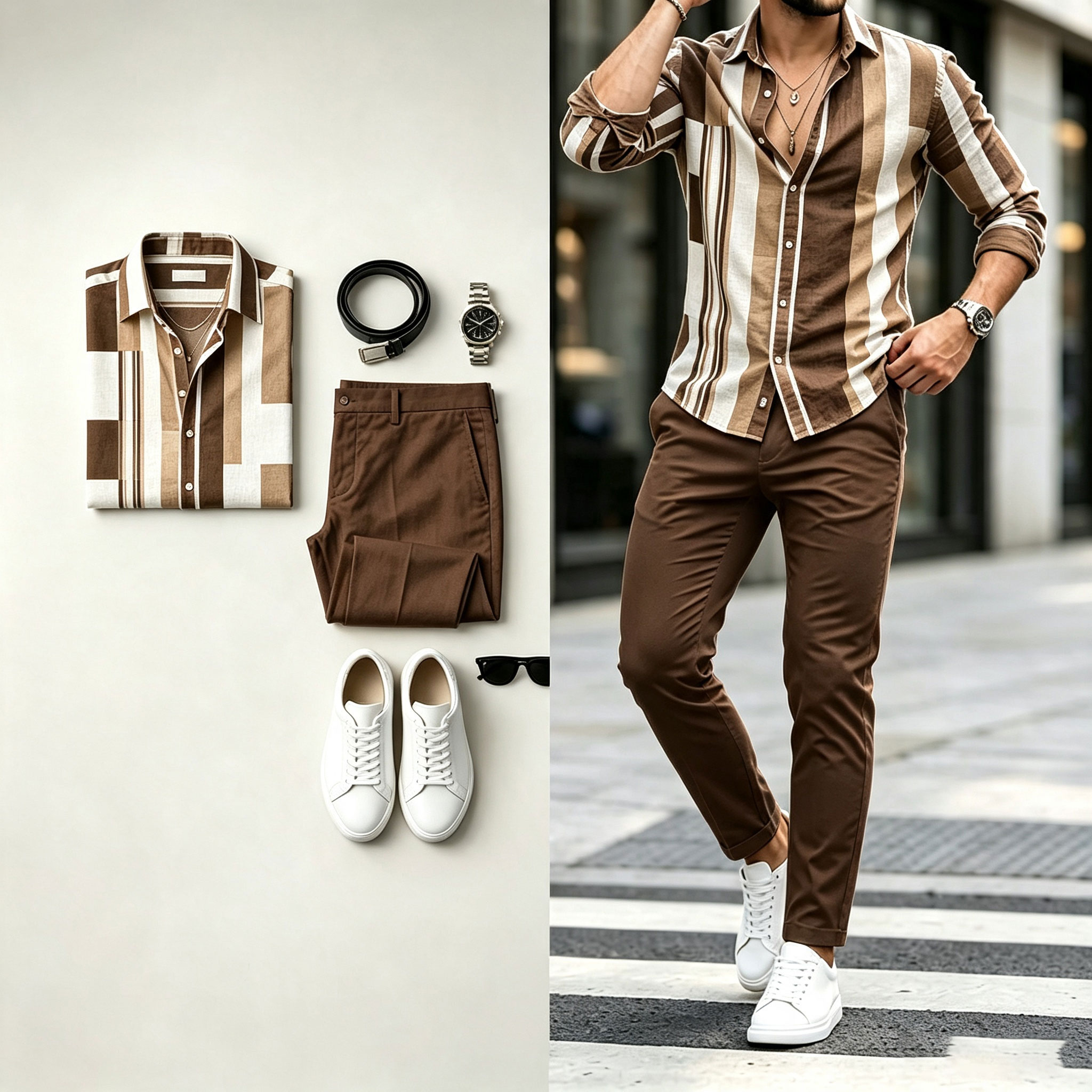 para hombre a rayas Print de manga larga camisa and pantalón Set