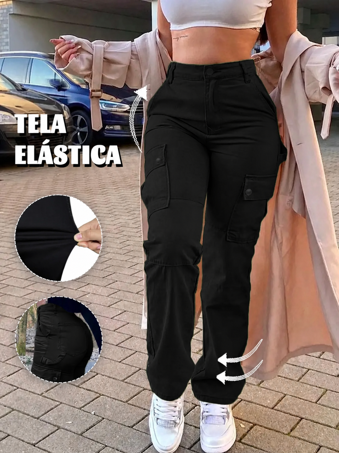 Pantalón cargo elástico de tiro alto para mujer · vista 2